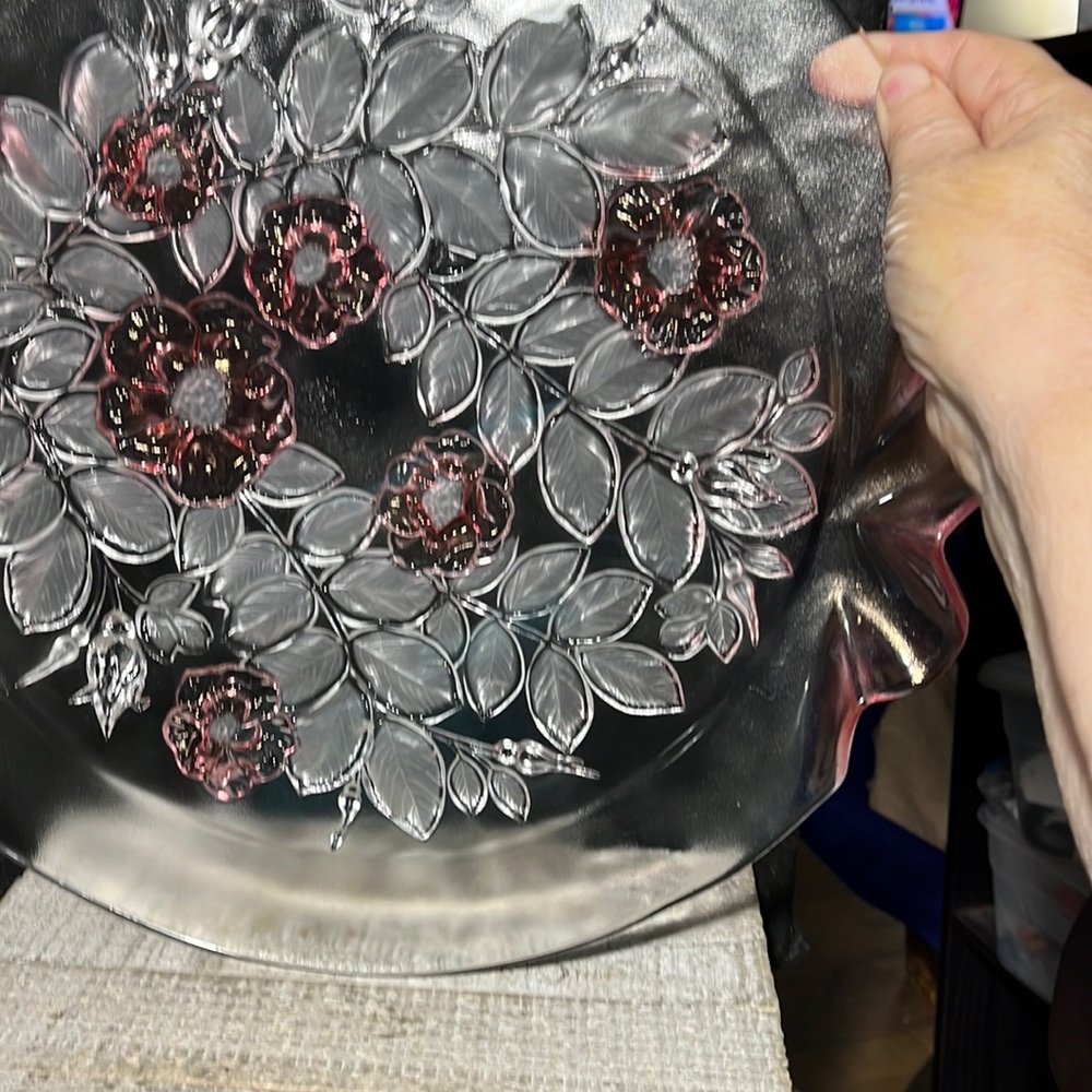 Mikasa Rosella Walther Crystal Germany Pink Flowers Cake Plate Tab Handles